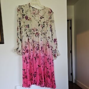 Anthropologie Cream and Pink Bishop Sleeve Sundress